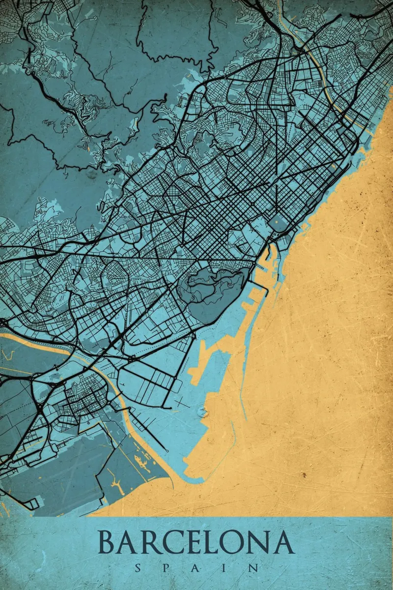 Stadsplattegrond Barcelona - Abstracte kunst op canvas canvas met Baklijst van CityMapPoster
