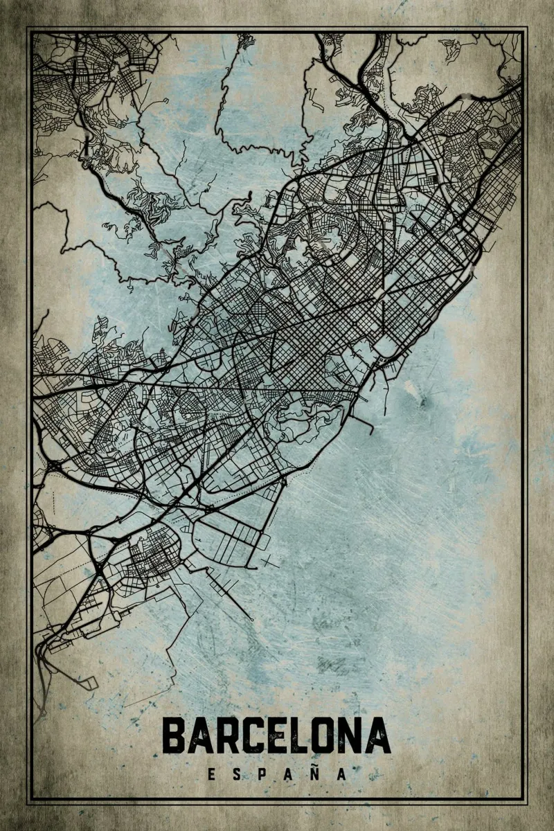 Muurschildering Barcelona - Abstracte stadsplattegrond in kunstvorm canvas met Baklijst van CityMapPoster