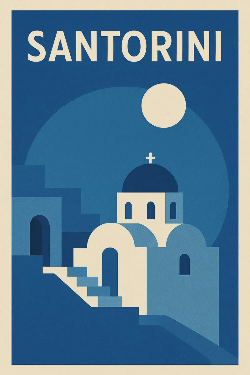 SANTORINI - La magia de las cúpulas azules a la luz de la luna poster con marco de madera de JETLAG | affiches voyage