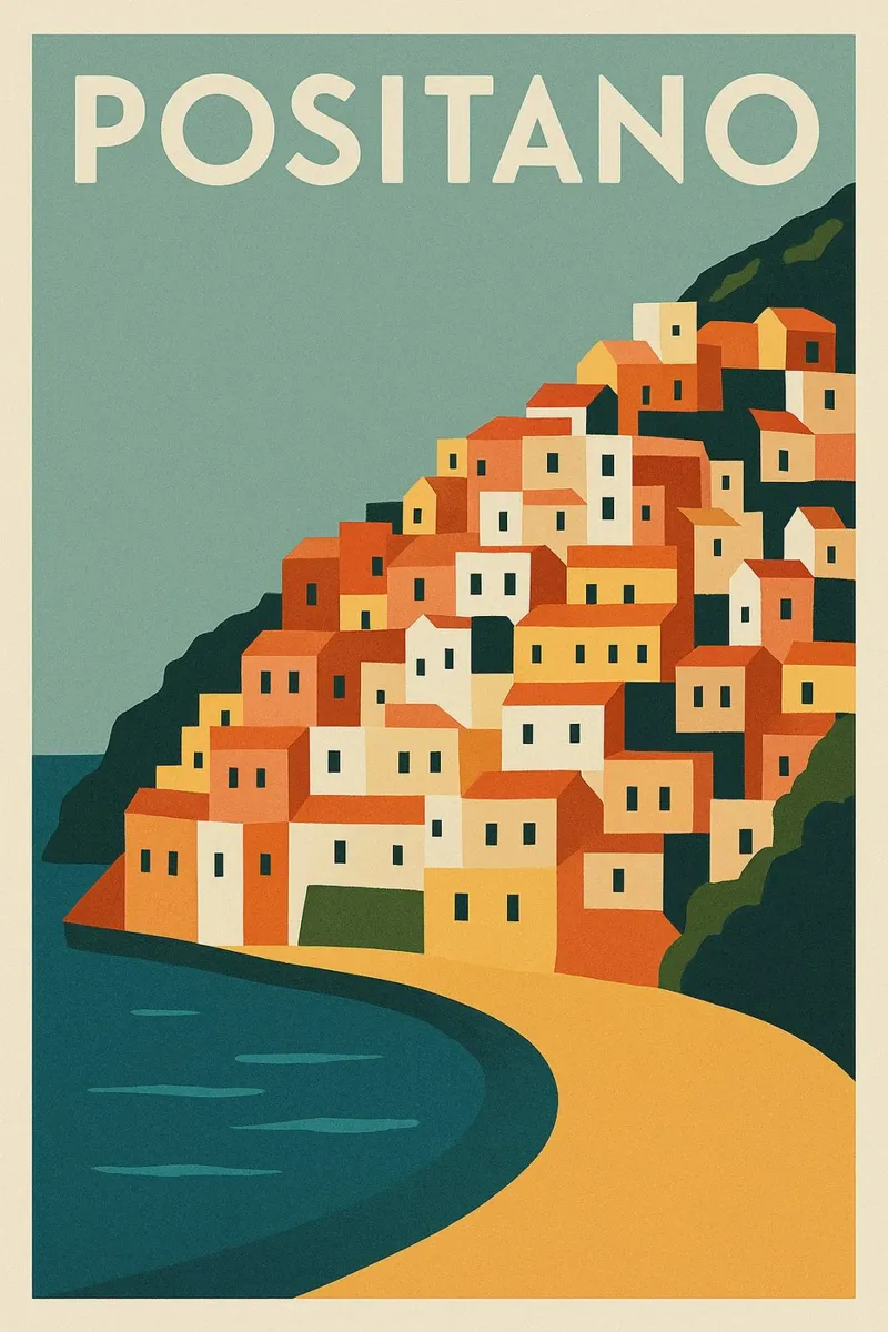 POSITANO - Un villaggio sospeso tra cielo e mare poster con telaio in legno da JETLAG | affiches voyage