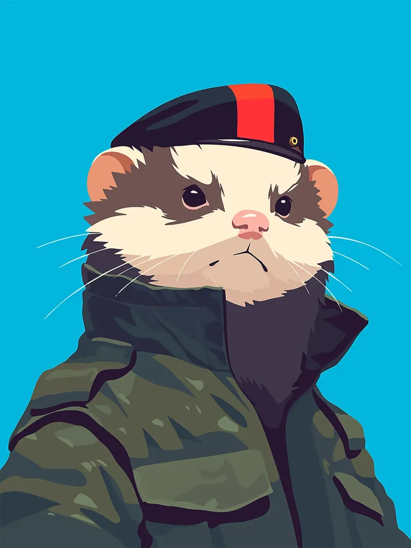 cappello uniforme animale furetto militare poster con telaio in alluminio da Karin M Fried
