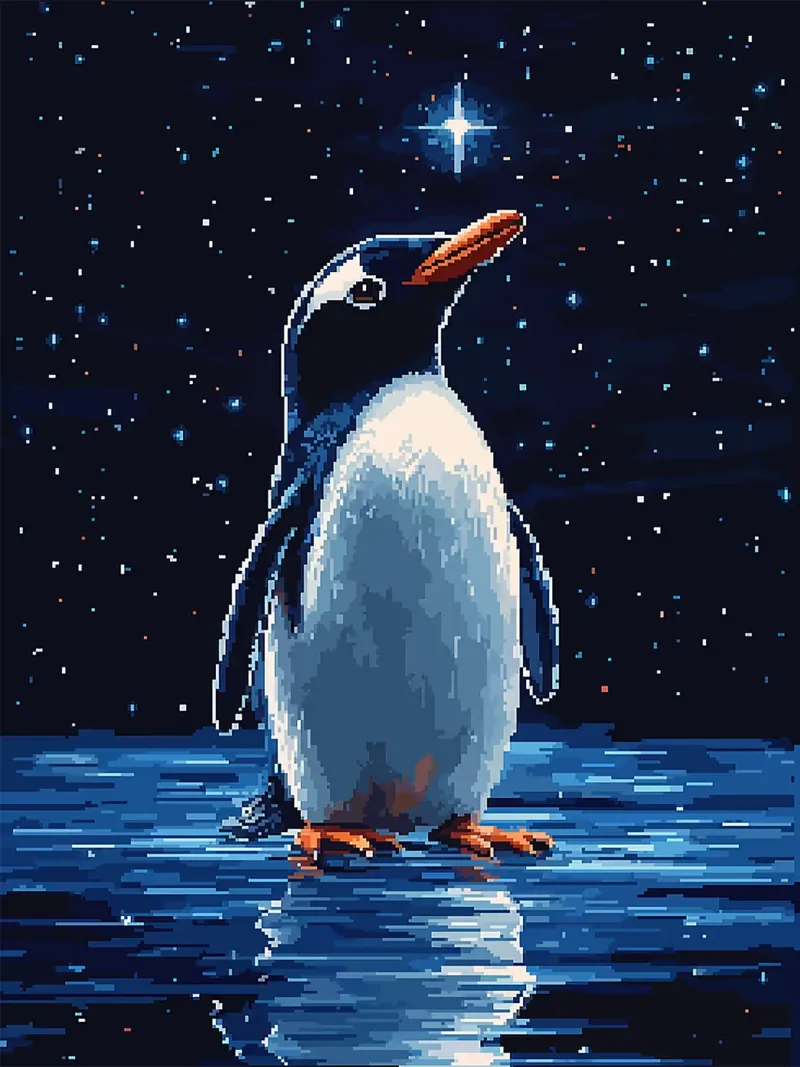 pinguino notte cielo stelle riflessione poster con telaio in alluminio da Frank J Weissmuller