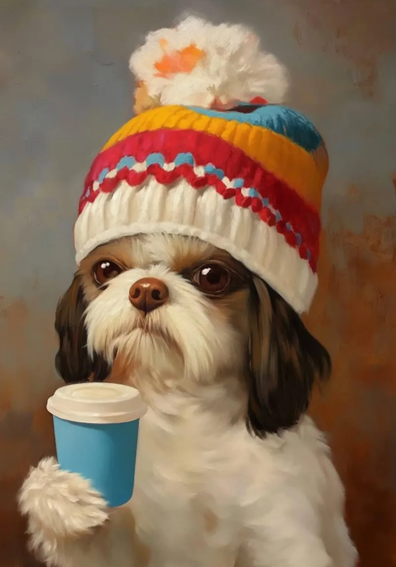 Il cane accogliente beve il caffè poster da Voxel Visionaries