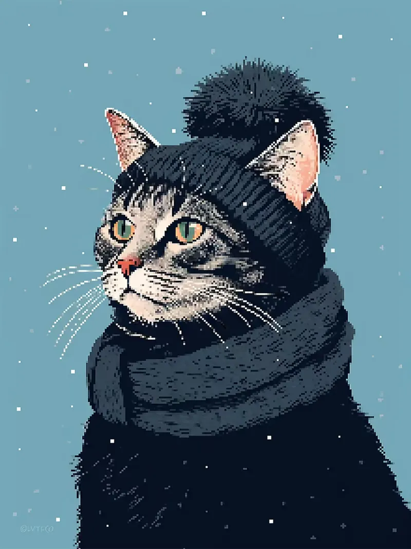 Pixel gatto cappello invernale sciarpa animale poster con telaio in alluminio da Elly Neubauer