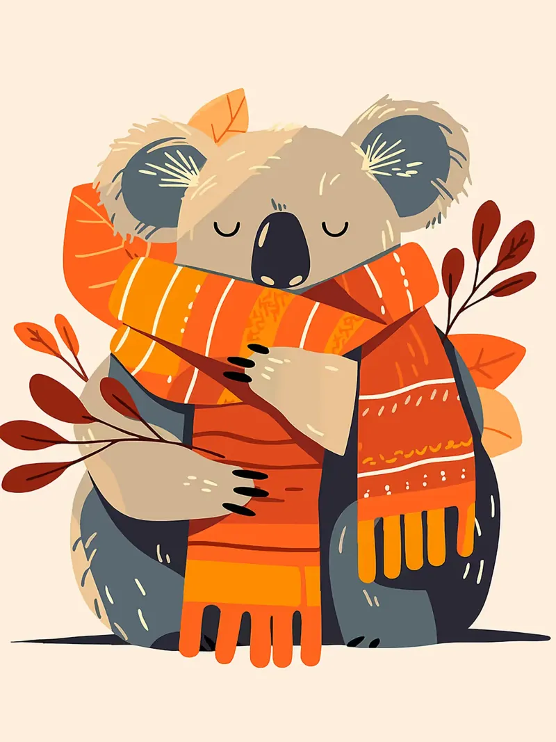 sciarpa koala foglie autunno arancio poster con telaio in legno da Elly Neubauer
