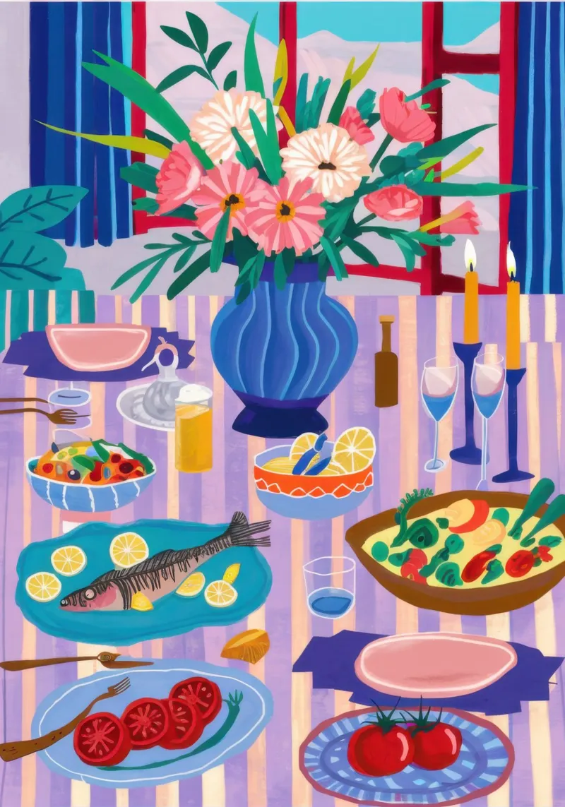 Dîner avec vue poster avec cadre en aluminium de Bruce Juice