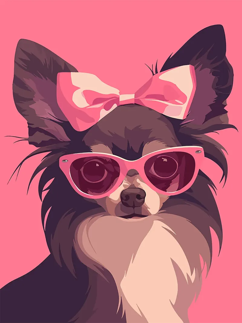 occhiali da sole per cani fiocco rosa orecchie chihuahua poster con telaio in legno da Lukas Hoffmann