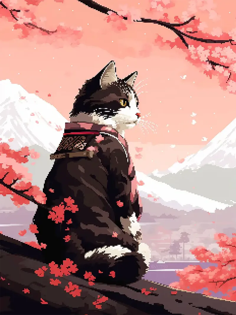 gatto fiori di ciliegio kimono montagne neve poster con telaio in plastica da Lukas Hoffmann