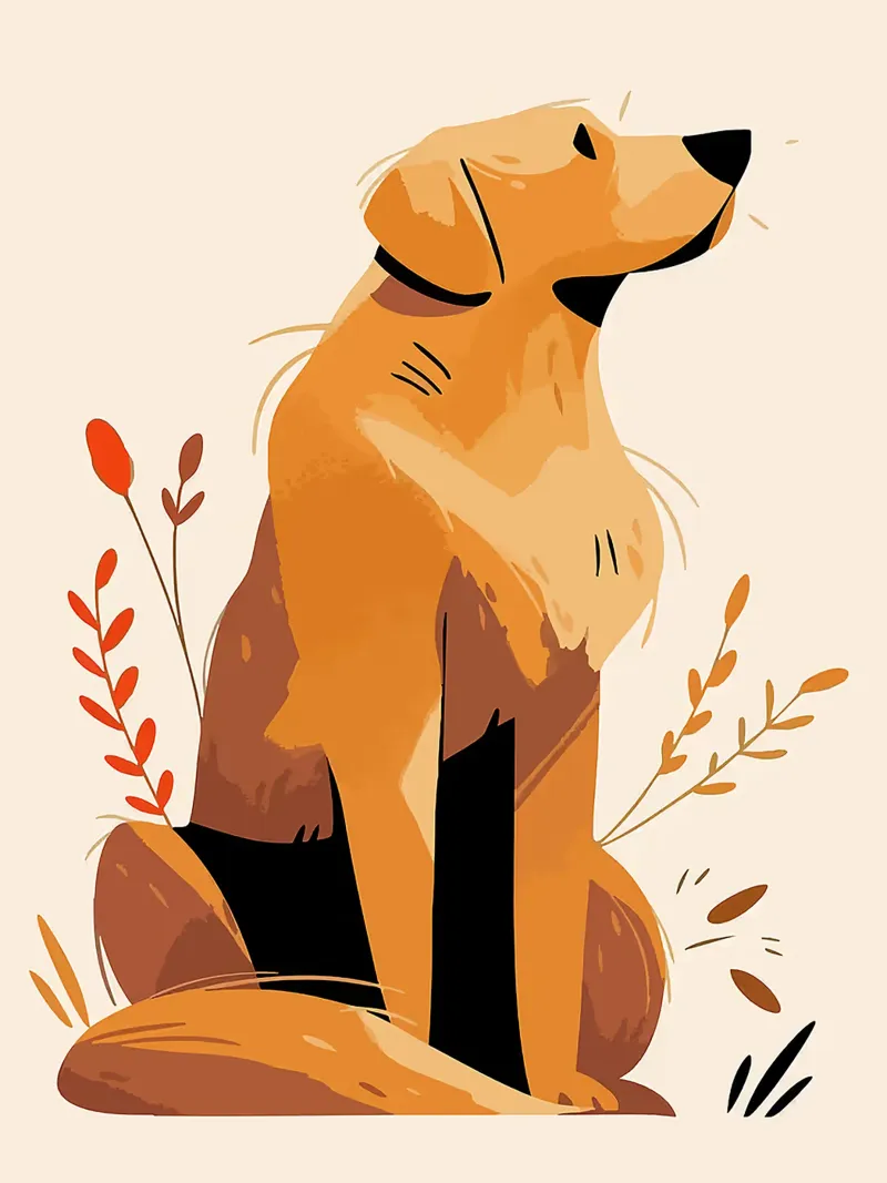 cane golden retriever foglie fiori seduto poster con telaio in alluminio da Lukas Hoffmann