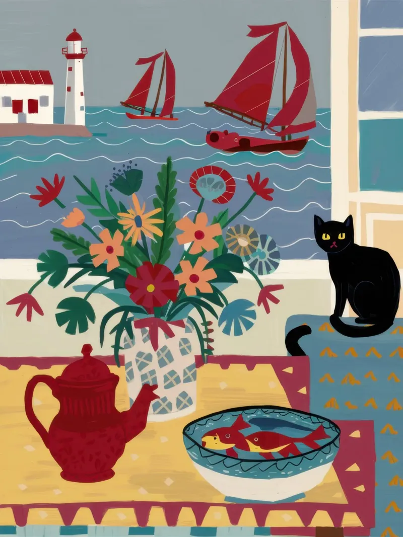 Serenità del cottage sul mare poster con telaio in plastica da Autumn Season