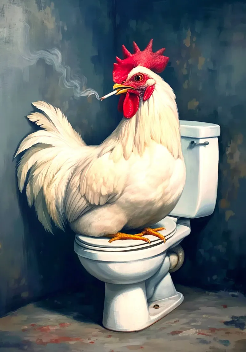 Pollo che fuma sul water poster con telaio in legno da Fleur de Lys