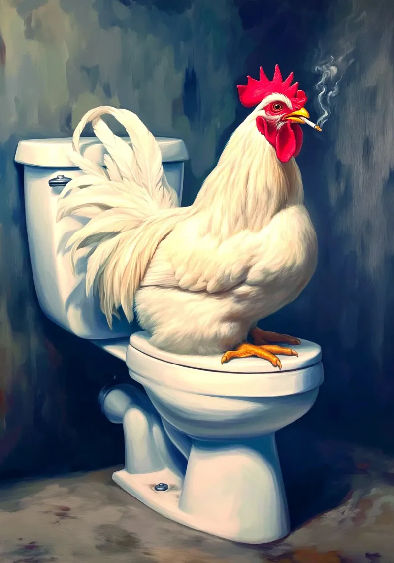 Pollo che fuma sul water poster con telaio in alluminio da Fleur de Lys