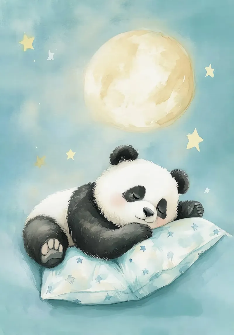 cuscino panda che dorme con le stelle della luna poster con telaio in legno da Thomas Weber