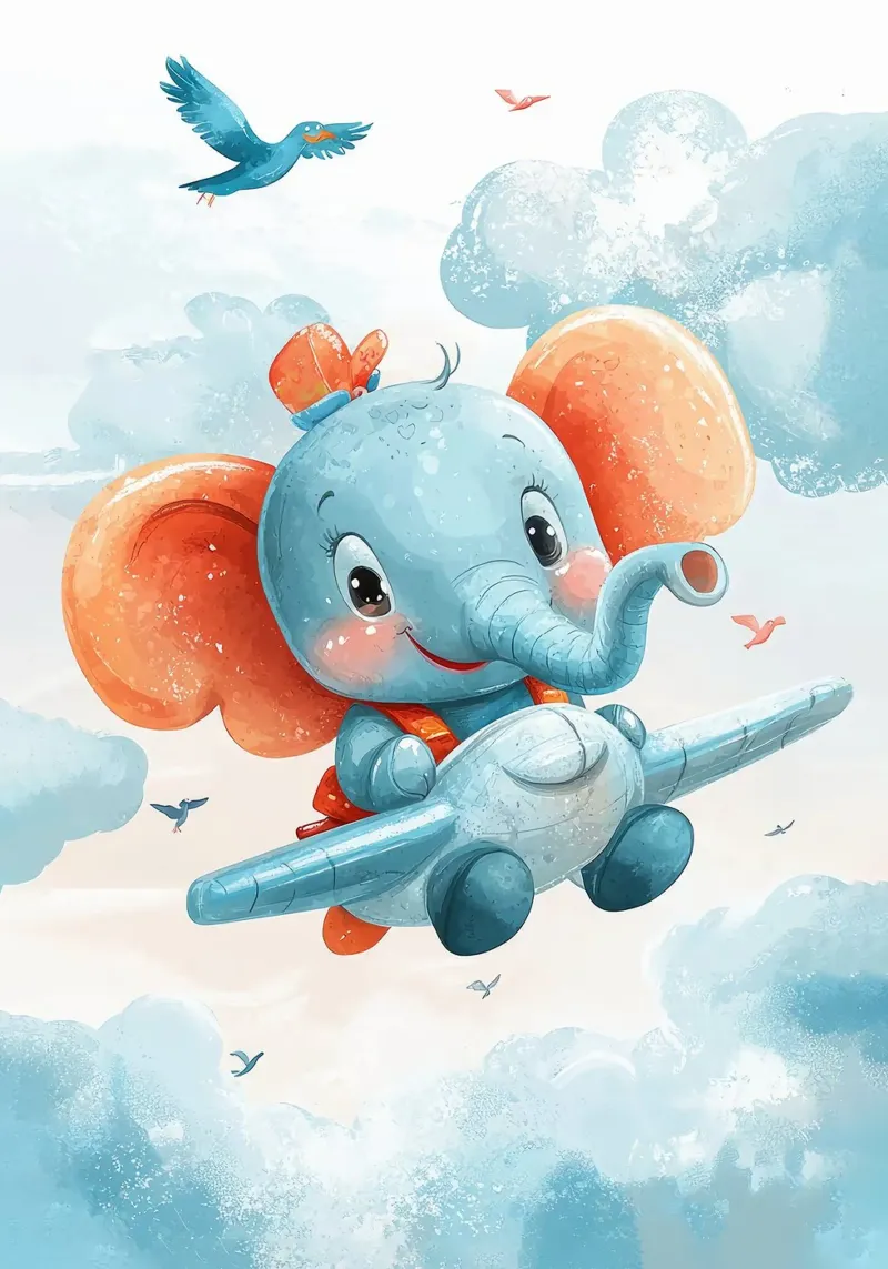 elephant airplane clouds birds sky canvas with Floater frame by David Müller