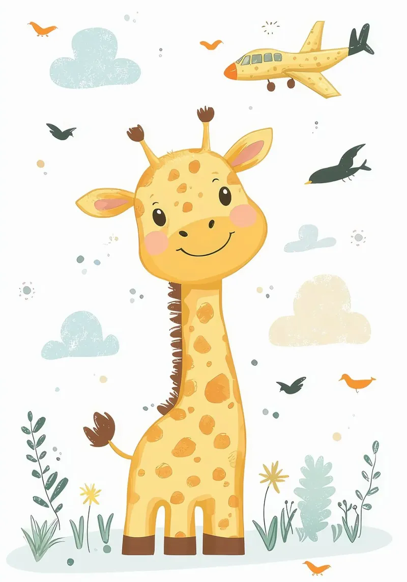 giraffa aereo nuvole uccelli poster con telaio in legno da David Müller