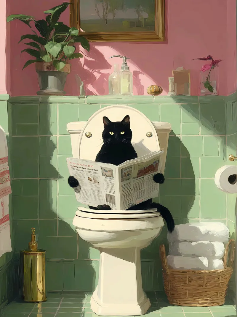 Gatto nero in bagno poster con telaio in alluminio da IamHomeStudio