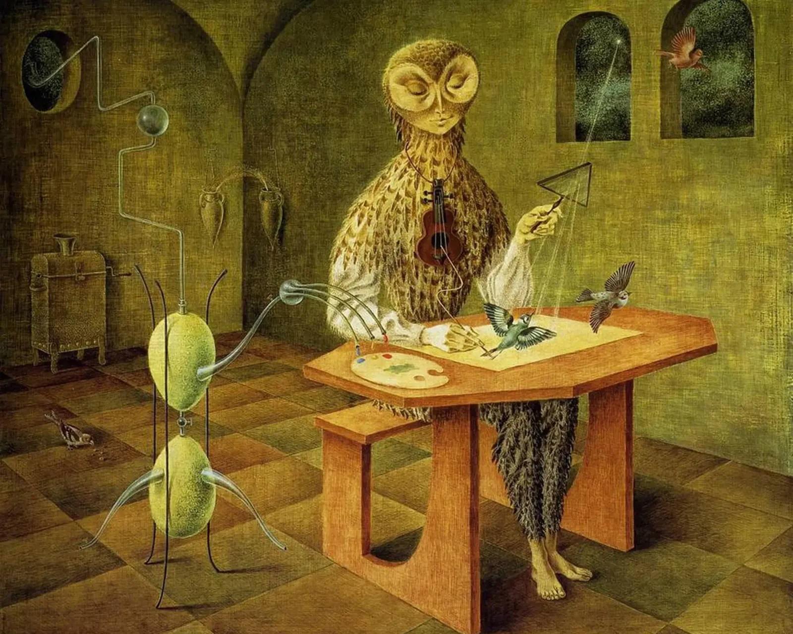Remedios Varo Creation of Birds canvas with Floater frame by Kunze Gallery