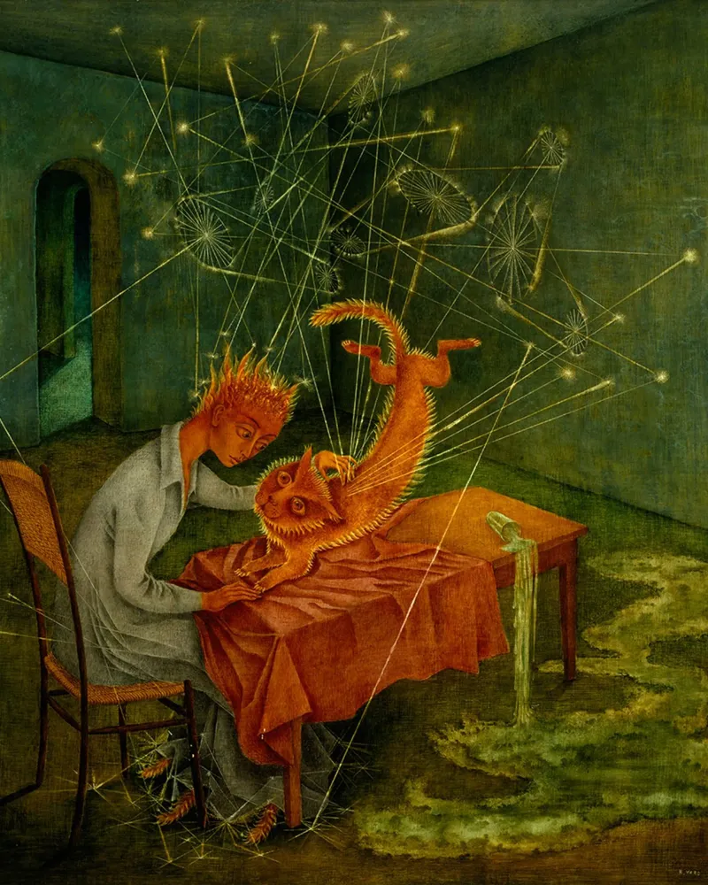 Remedios Varo Simpatía (The Rabies of the Cat) poster with wooden frame by Kunze Gallery