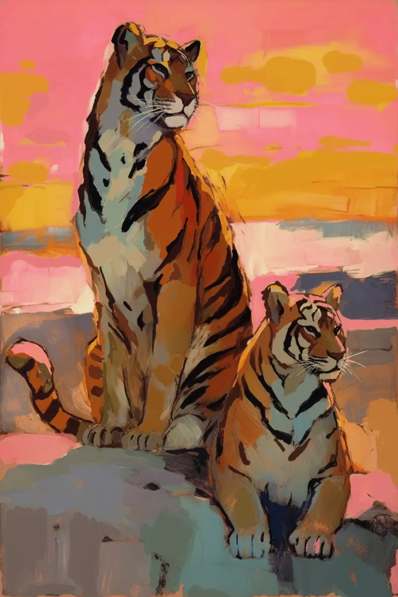 Tigers At Sunset poster con telaio in plastica da treechild