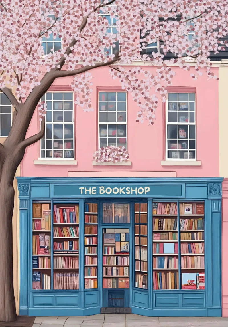 Illustrazione di una libreria di charme con fiori di ciliegio poster da vintagepod