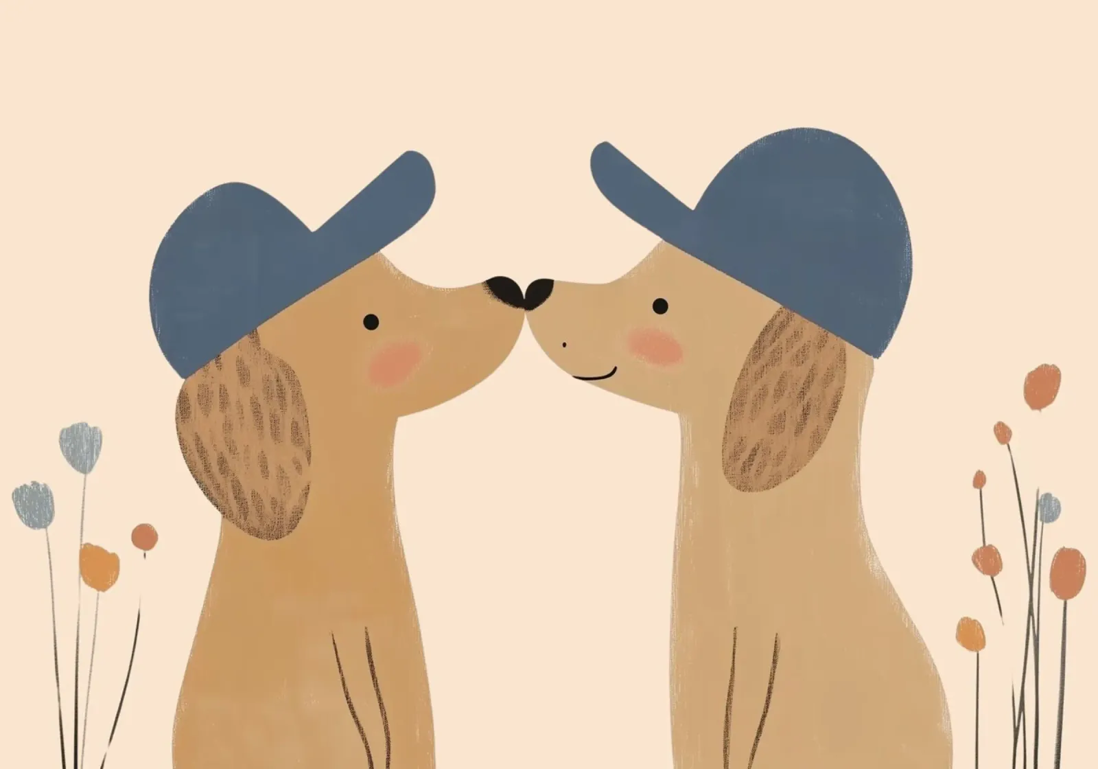 Cani carini con berretto - Stampa d'arte sull'amicizia dei bambini poster con telaio in legno da vintagepod