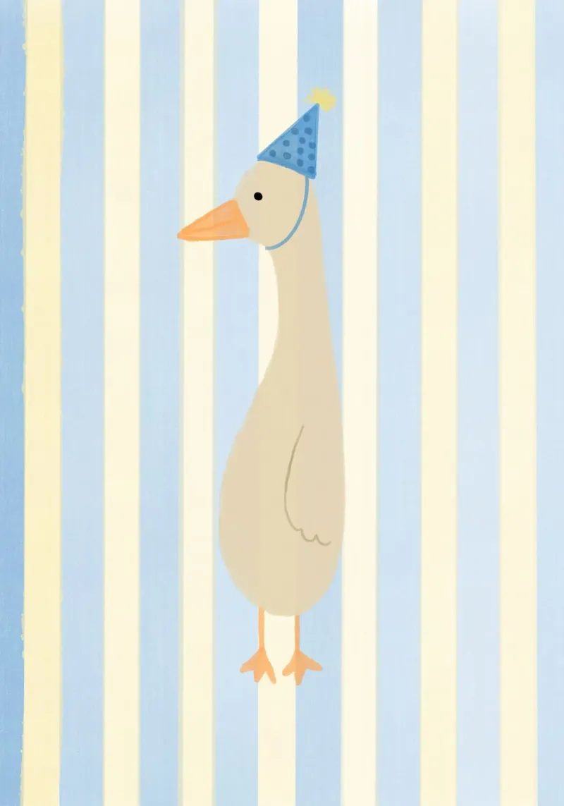 Stampa di un'oca carina con cappello da festa - Decorazione per compleanno poster con telaio in alluminio da vintagepod
