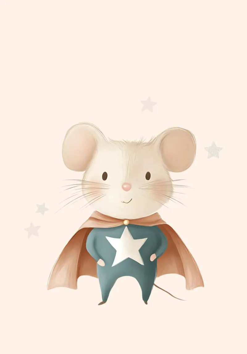 Stampa d'arte di un simpatico topo supereroe - Vivaio di stelle poster con telaio in legno da vintagepod
