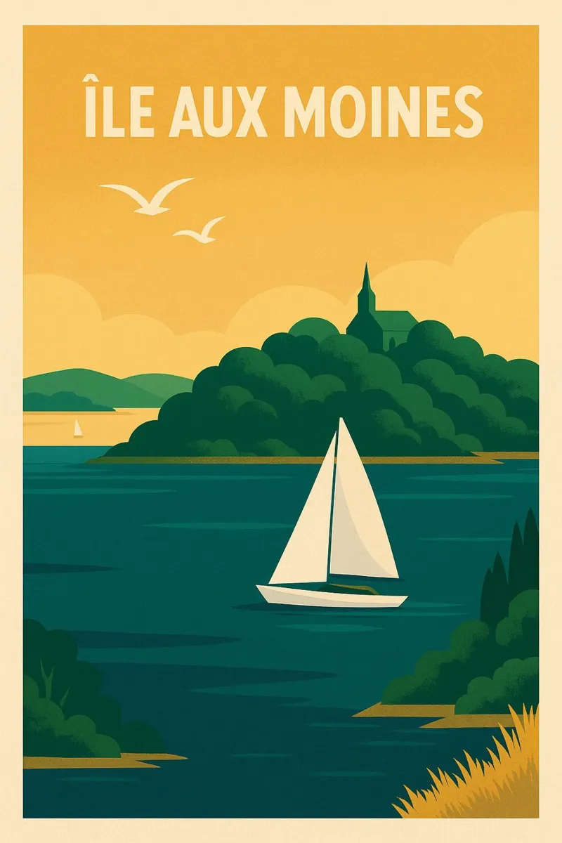 Île aux Moines - Poster retrò di una barca a vela e della natura bretone poster con telaio in plastica da JETLAG | affiches voyage