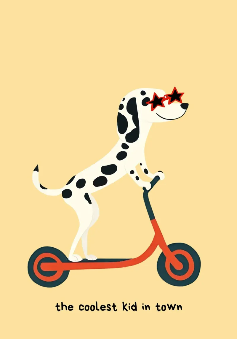 Stampa "Coolest Kid" Scooter Dalmata - Camera dei bambini poster con telaio in plastica da vintagepod