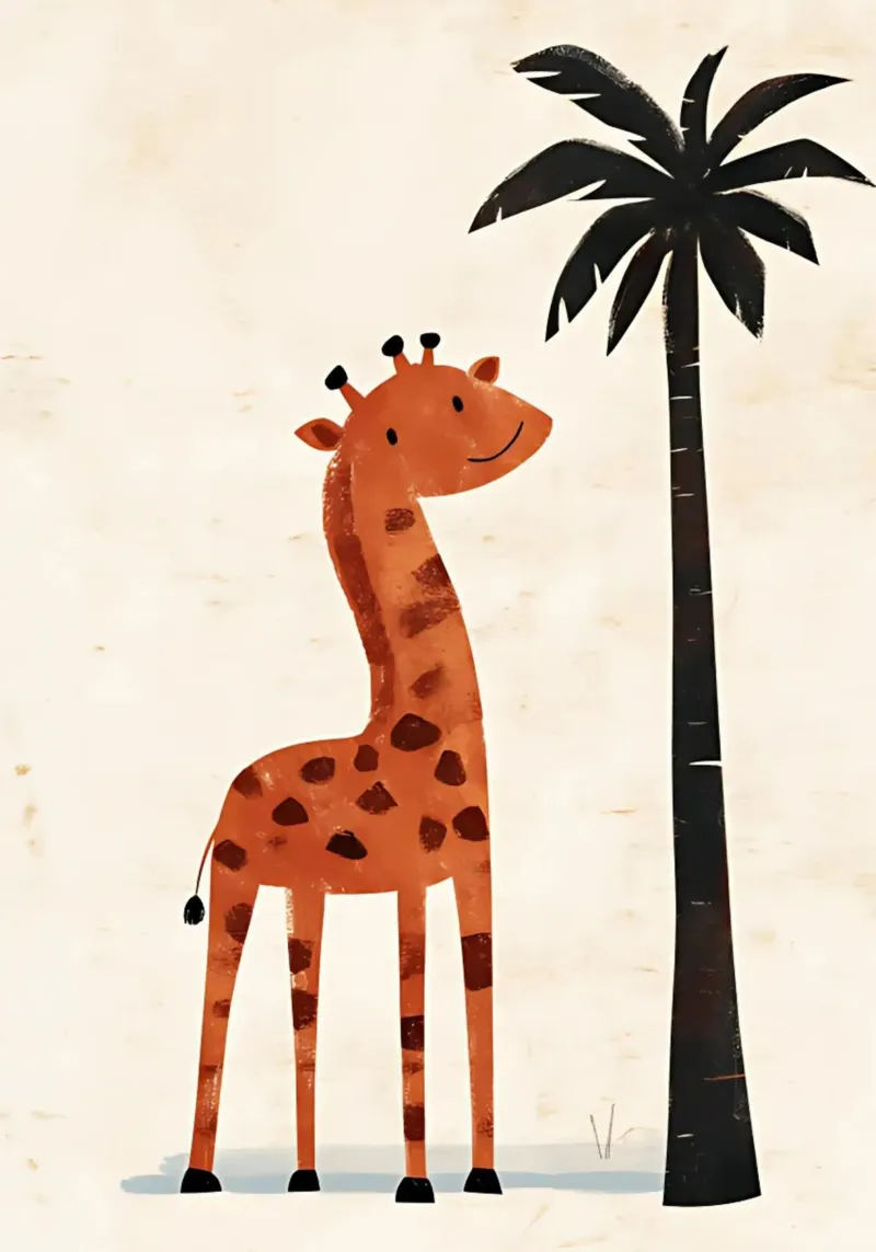 Giraffa sorridente e albero di palma - Arte vivaistica Safari poster con telaio in legno da vintagepod