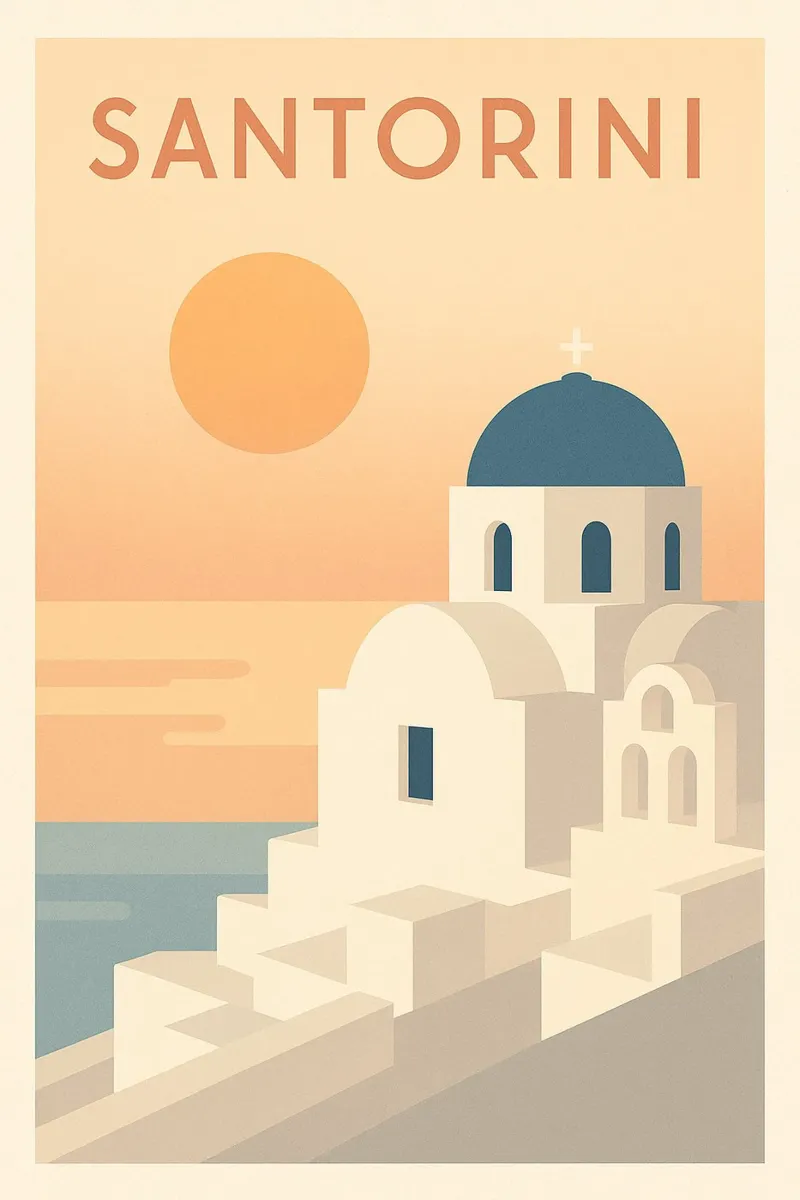 Santorini - Poster retrò del tramonto e dell'architettura poster con telaio in plastica da JETLAG | affiches voyage