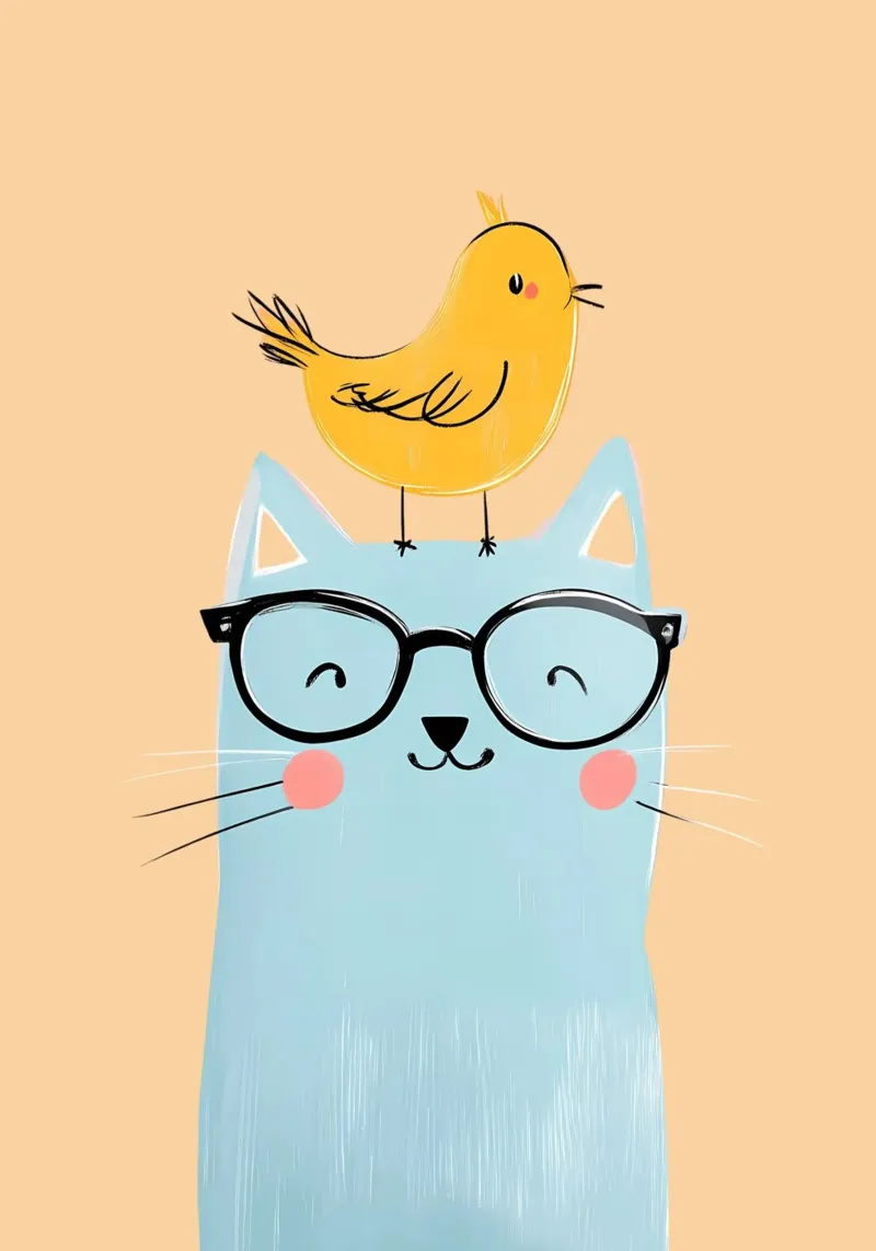 Cute Cat with Glasses & Bird - Modern Nursery Art canvas with Floater frame by vintagepod