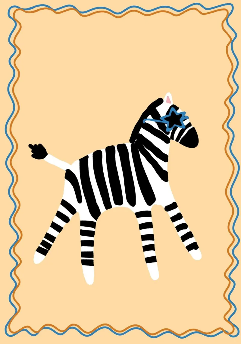 Zebra cool con occhiali a stella - Arte moderna per bambini poster con telaio in legno da vintagepod