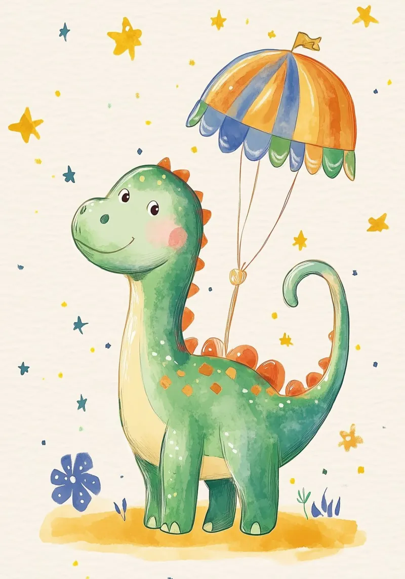 Dinosauro carino con paracadute - Decorazione per la cameretta dei bambini poster con telaio in plastica da vintagepod