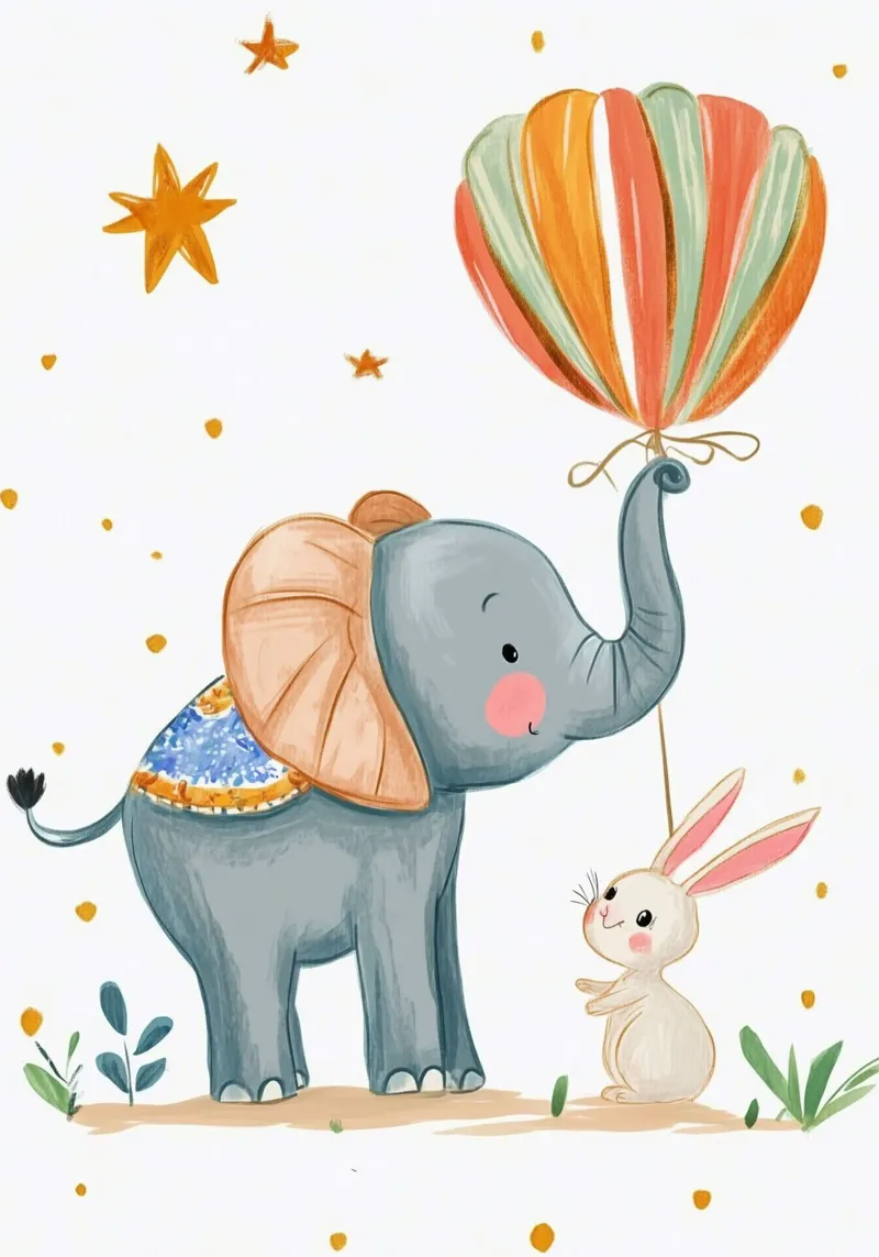 Elefante e coniglio con mongolfiera - Arte per la cameretta poster con telaio in plastica da vintagepod