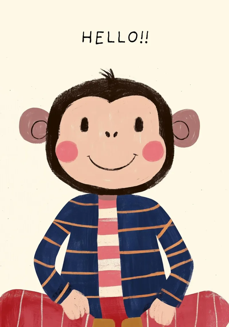Scimmia carina "Ciao! Stampa d'arte - Decorazione per la camera dei bambini poster con telaio in alluminio da vintagepod