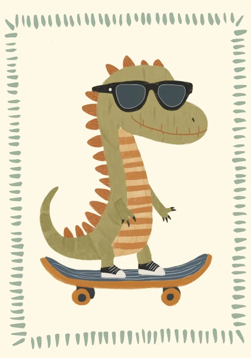 Stampa Dinosauro Skateboarder - Decorazione per la stanza dei bambini poster con telaio in alluminio da vintagepod