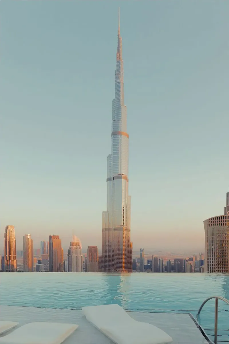 Burj Khalifa And Infinity Pool Poster mit Kunststoffrahmen von robertmotoiart