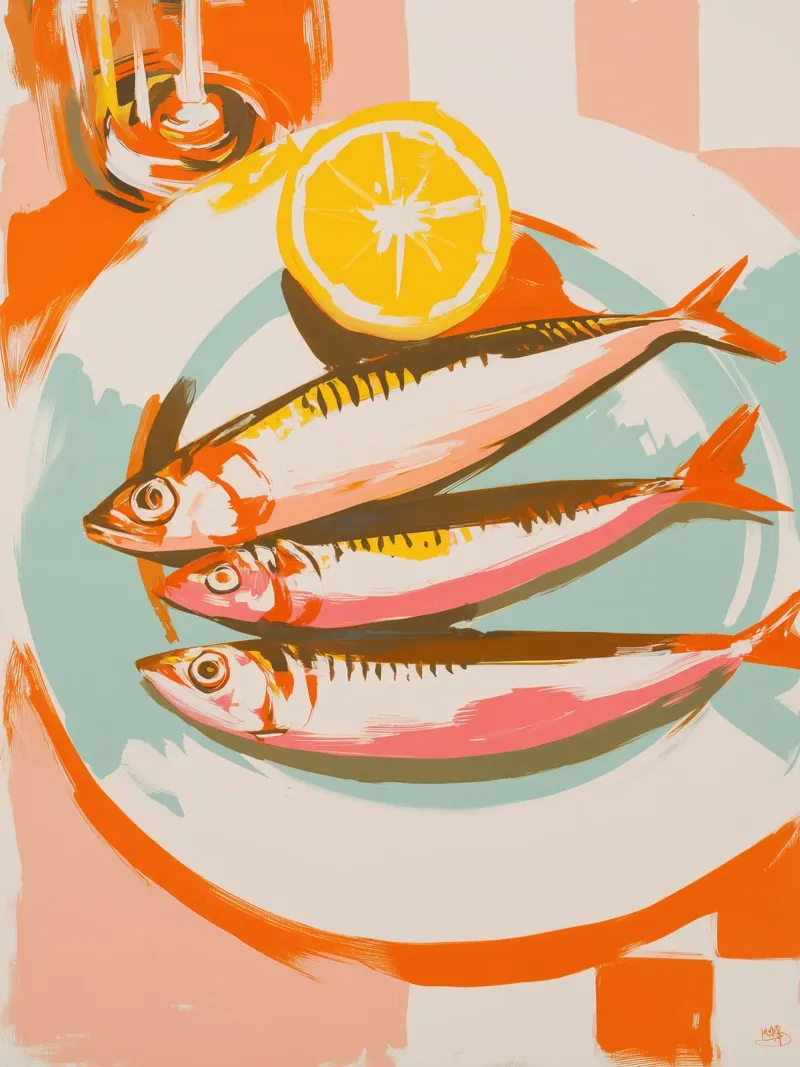 Sardine in colori pastello alla moda | Poesia in cucina poster con telaio in legno da Autofocus