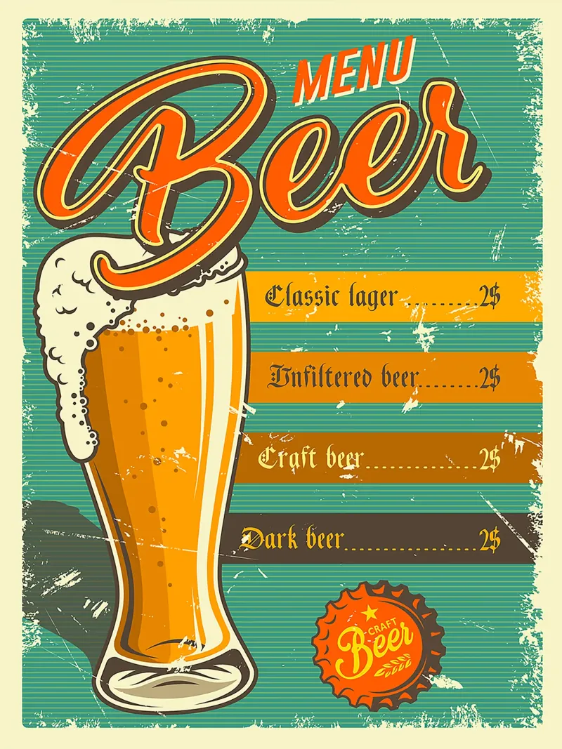 menu birra bicchiere birra schiuma poster con telaio in alluminio da Rick Thompson