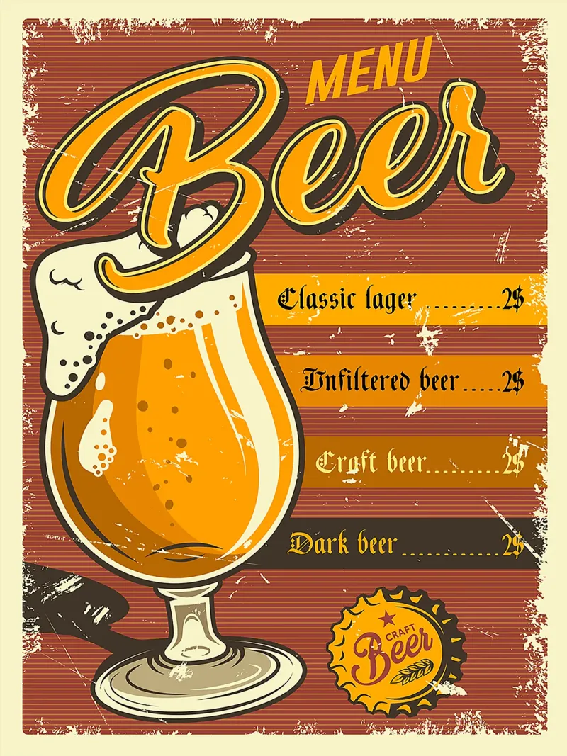 menu birra bicchiere testa spumosa lager classica poster con telaio in alluminio da Rick Thompson