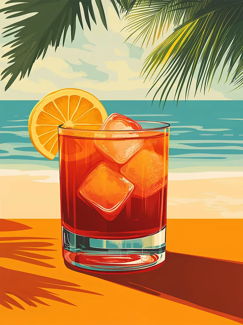cocktail cubetti di ghiaccio arancia fetta spiaggia palme tela con Cornice a cassetta da Rick Thompson