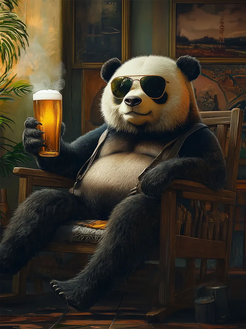 panda occhiali da sole birra bicchiere di birra sedia a dondolo poster con telaio in alluminio da Rick Thompson