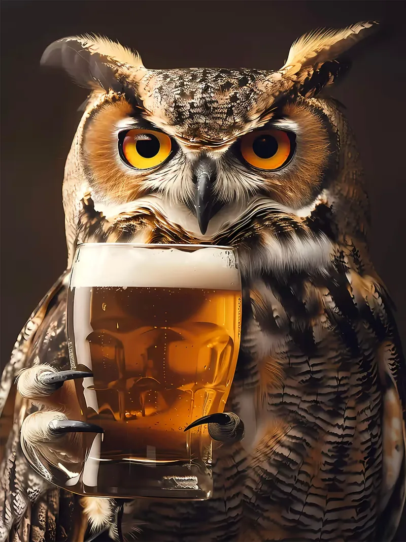 gufo bicchiere di birra piume occhi artigli poster con telaio in alluminio da Rick Thompson