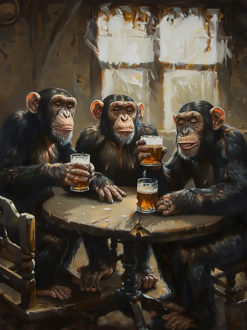 Schimpansen Tisch Bier Gläser Stühle Fenster Poster mit Kunststoffrahmen von Adam Bican