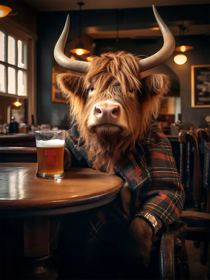 mucca highland birra vetro pub interno giacca scozzese poster con telaio in legno da Adam Bican
