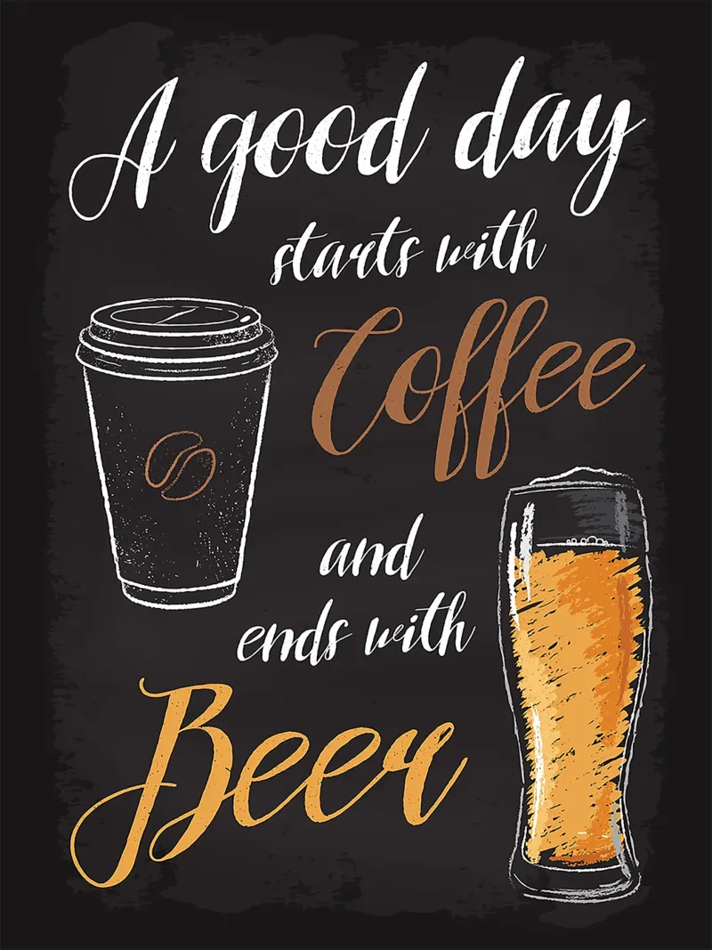 tazza di caffè birra bicchiere testo scritto a mano sfondo nero poster con telaio in alluminio da Adam Bican