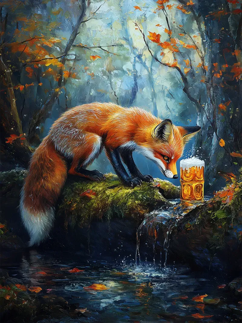 volpe foresta ruscello tronco muschiato foglie d'autunno poster con telaio in alluminio da Adam Bican