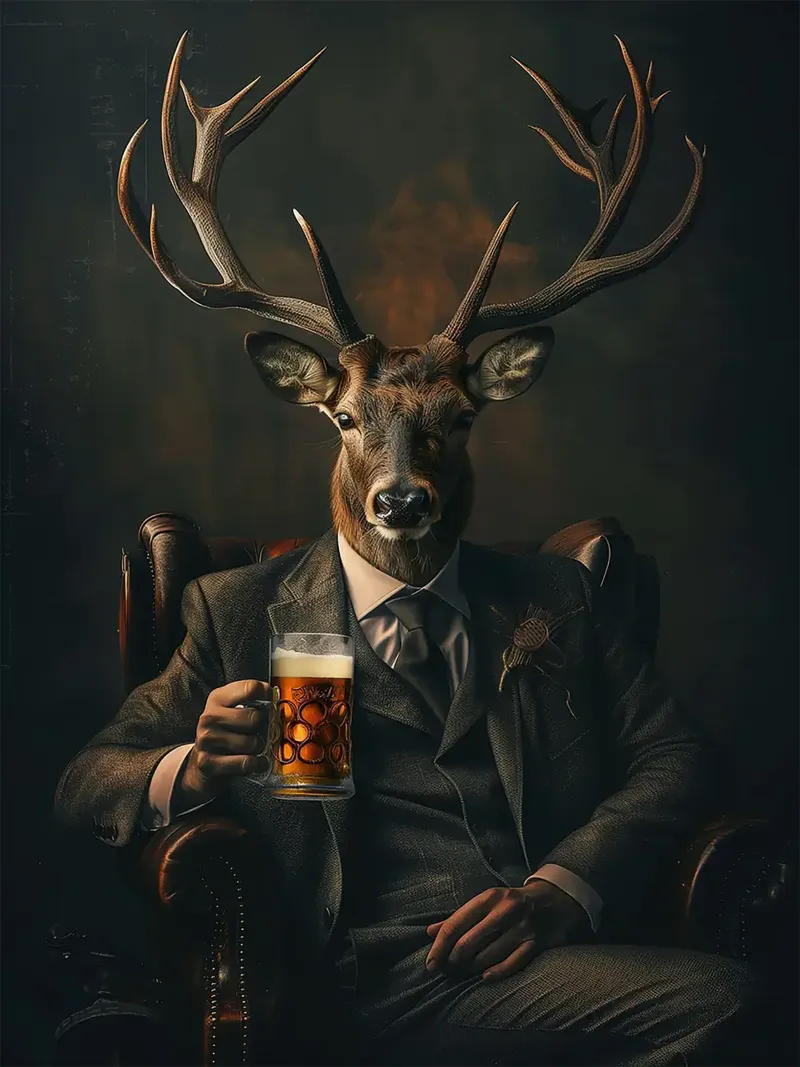 corna di cervo abito cravatta poltrona birra poster con telaio in legno da Adam Bican