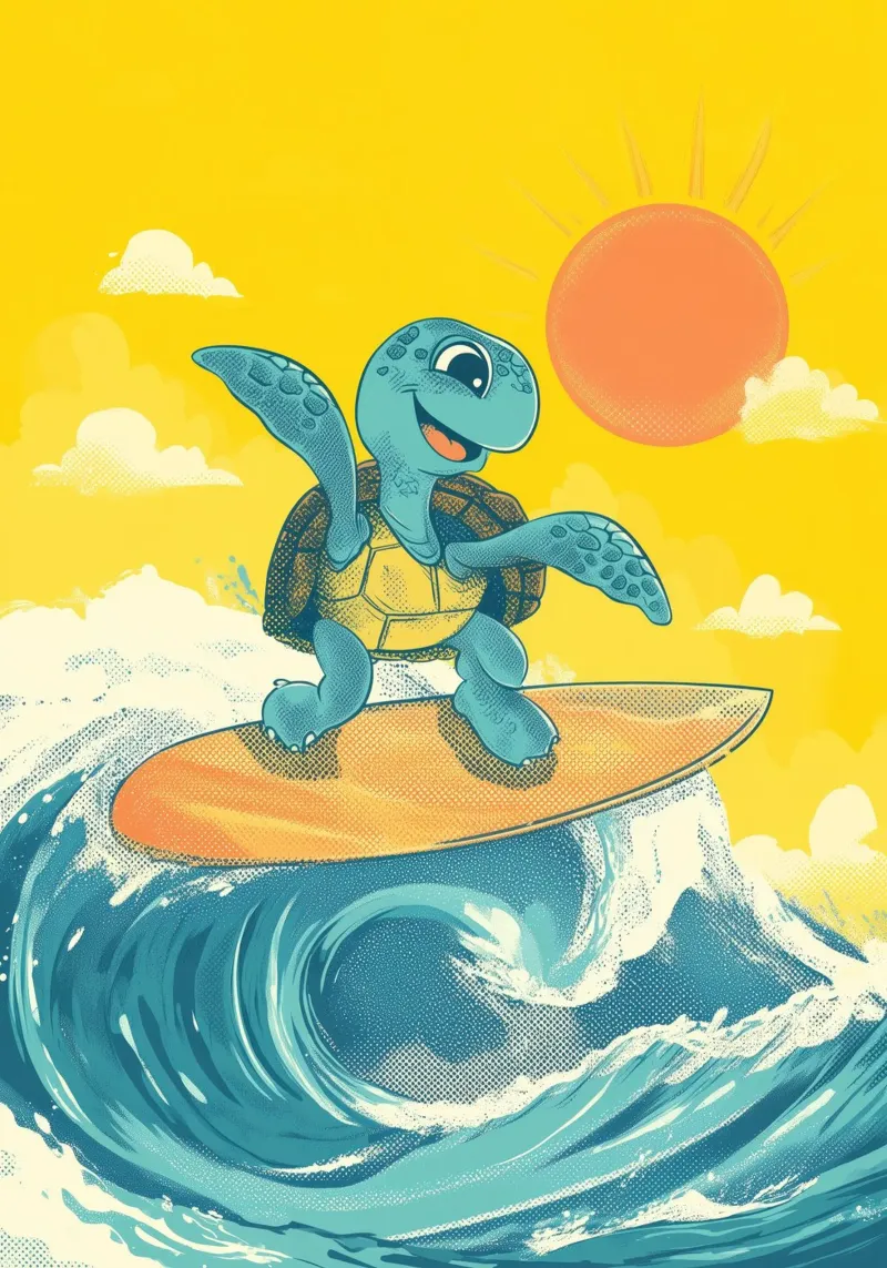 Surf's Up, Turtle! poster met aluminium frame van Kiara